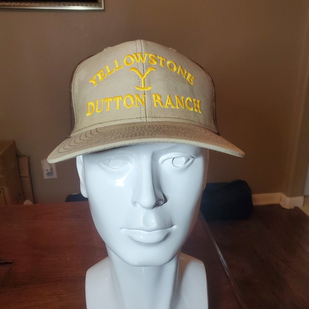 Yellowstone Dutton Ranch Trucker Hat Beige Brown Snapback Cap Embroidered